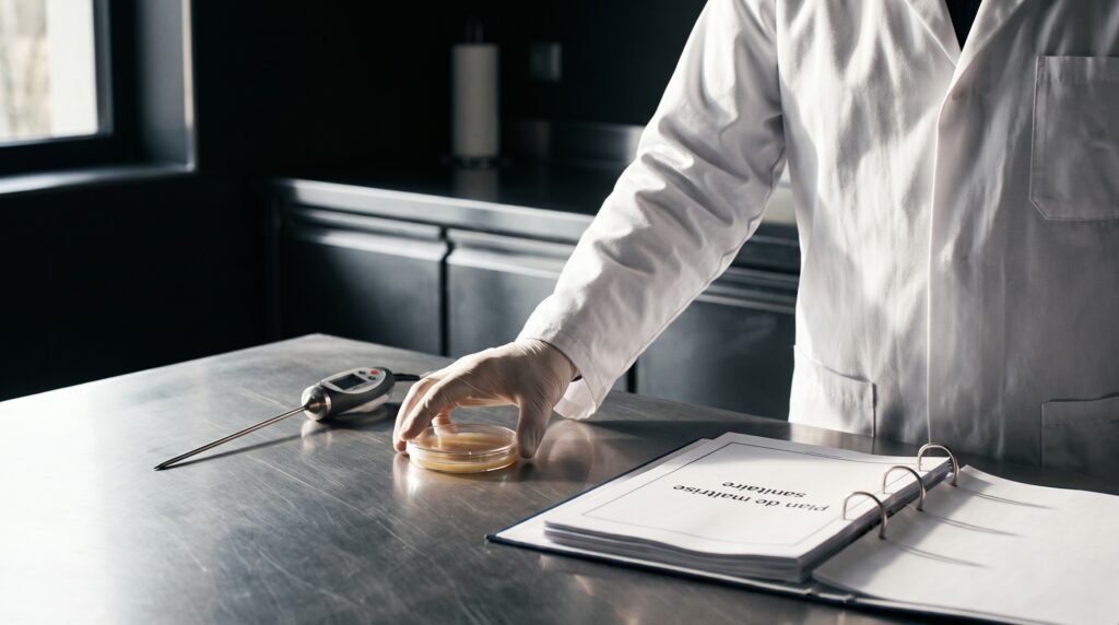 Technicien réalisant un prélèvement de surface sur un plan de travail inox dans une cuisine de restaurant, à côté d'un plan de maîtrise sanitaire