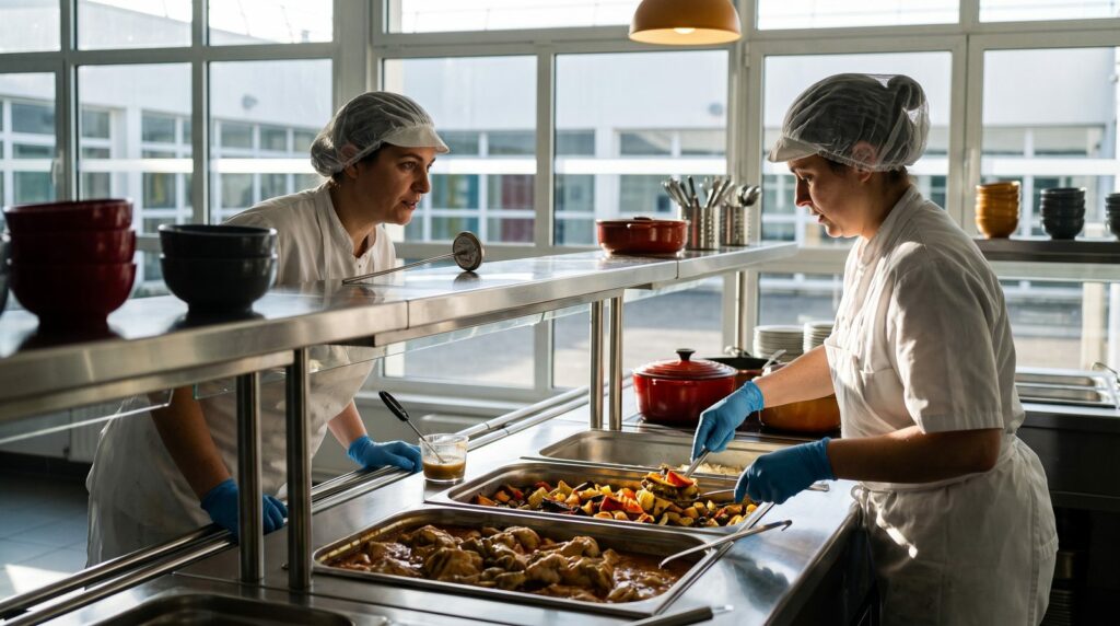 Deux cuisinières en tenue portionnant des plats dans des bacs inox sur la ligne de self d'une cuisine de restauration scolaire