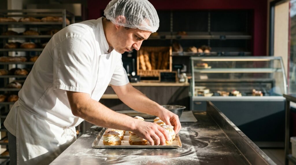 Pâtissier en tenue disposant des pâtisseries fraîches dans une vitrine réfrigérée de boulangerie