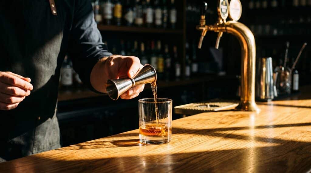 Barman dosant un spiritueux au doseur derrière le comptoir d'un bar
