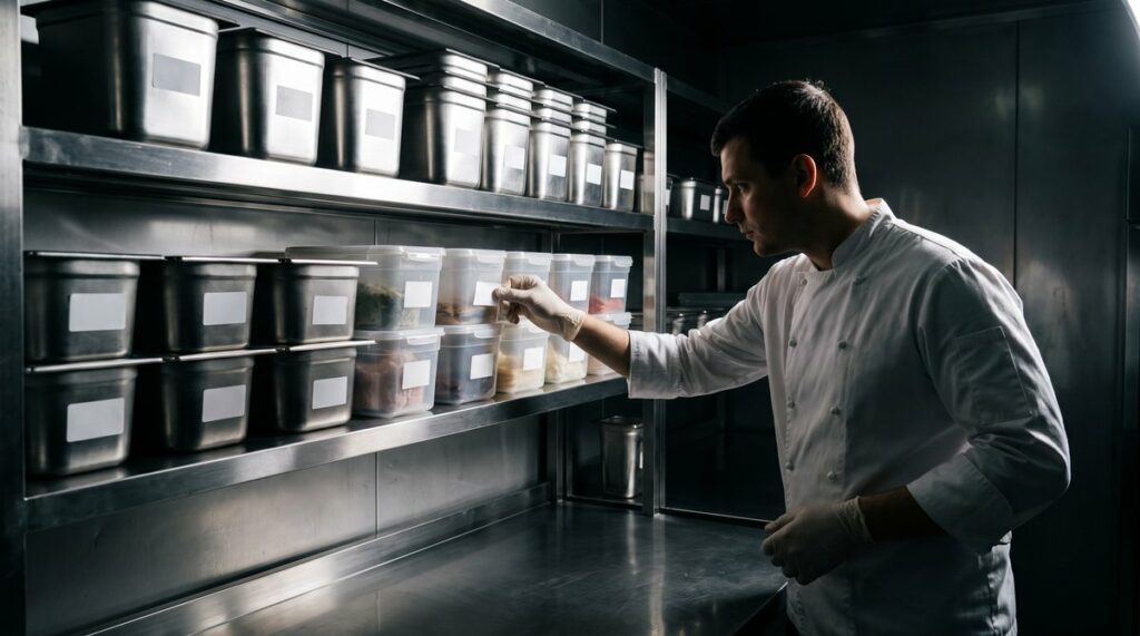 Cuisinier vérifiant l'étiquette de date d'un bac en chambre froide de restaurant