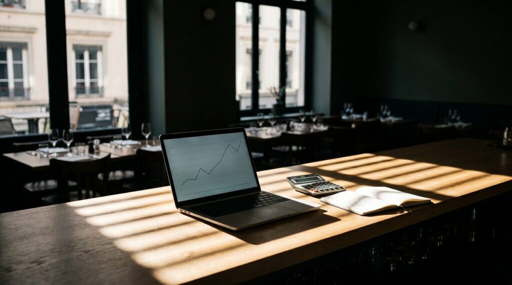 Salle de bistrot vide avant l'ouverture, avec ordinateur et calculatrice sur le comptoir