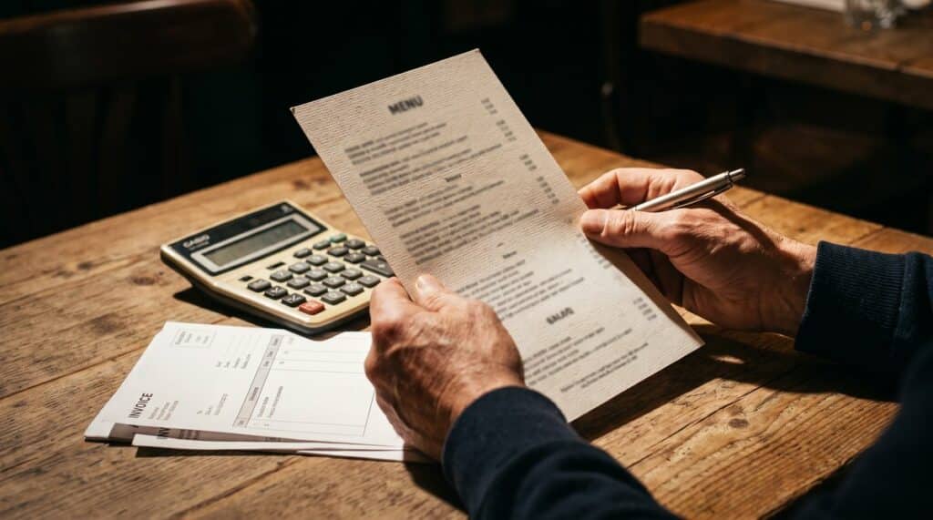 Restaurateur travaillant les prix de sa carte avec une calculatrice et ses factures