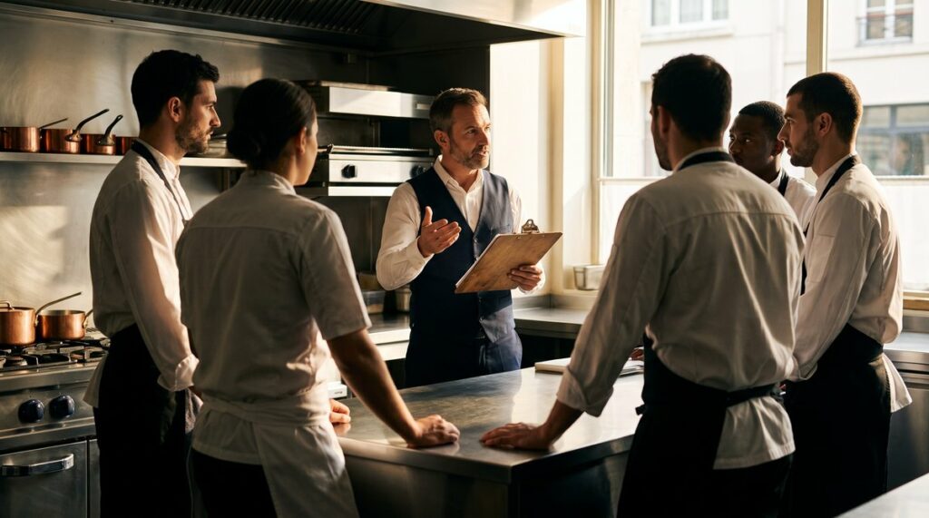 Responsable de salle faisant le briefing d'avant-service à son équipe en cuisine