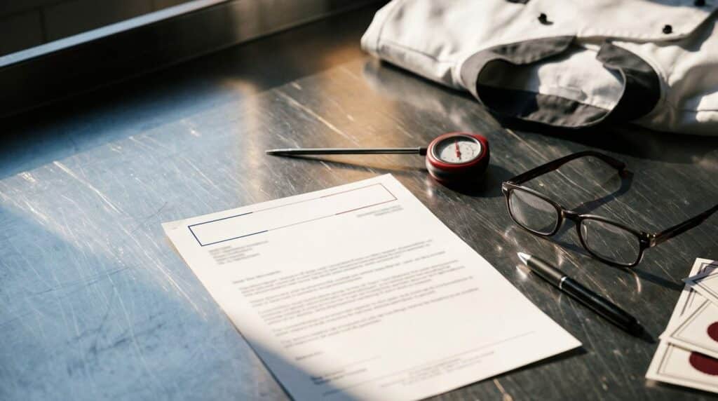 Document officiel posé sur un plan de travail inox de cuisine professionnelle, à côté d'un thermomètre sonde et d'attestations de formation html
