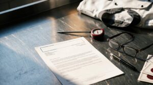 Document officiel posé sur un plan de travail inox de cuisine professionnelle, à côté d'un thermomètre sonde et d'attestations de formation html
