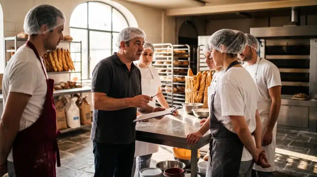 Formateur en hygiène accompagnant l'équipe d'une boulangerie artisanale dans son laboratoire