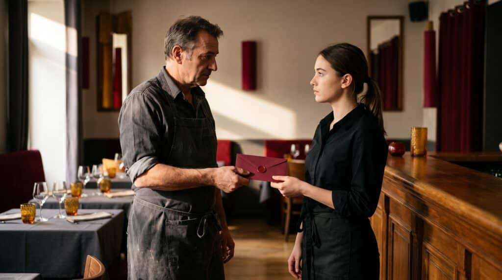 La loi de simplification de mai 2026 a changé l'information des salariés avant la vente d'un fonds. Nouveau délai, nouvelle amende, transfert des contrats : ce que le vendeur d'un restaurant doit savoir. Image de une — alt : Patron de restaurant remettant en main propre une lettre d'information à un salarié avant la cession du fonds